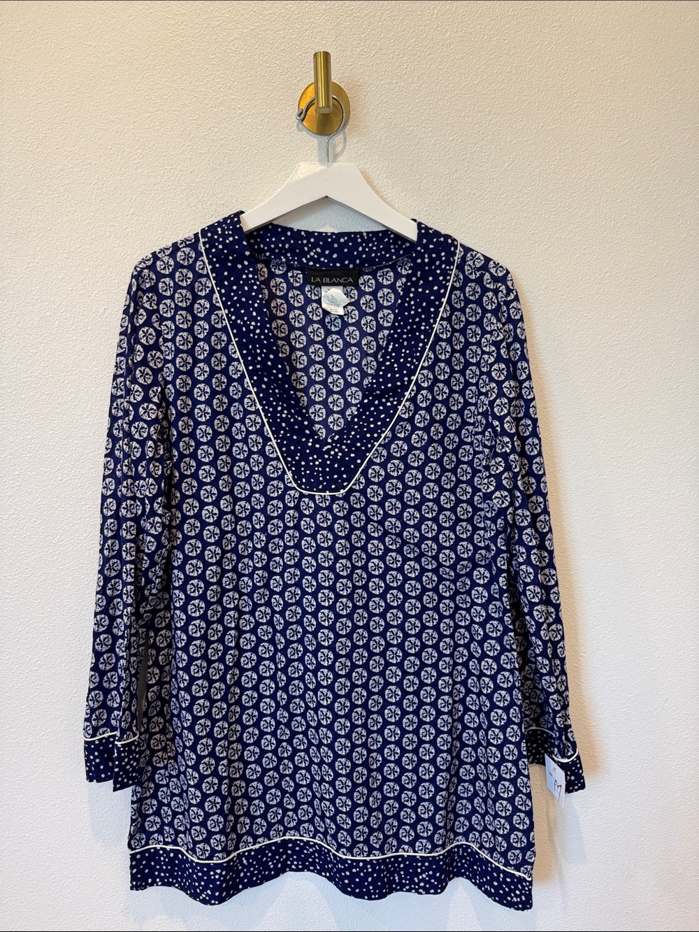 La Blanca Navy and White Coastal Printed V-Neck Tunic Cotton Top Resort, Summer